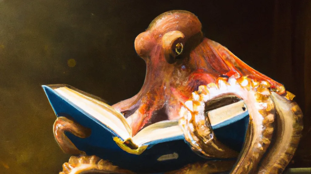 Painting of an octopus reading a book